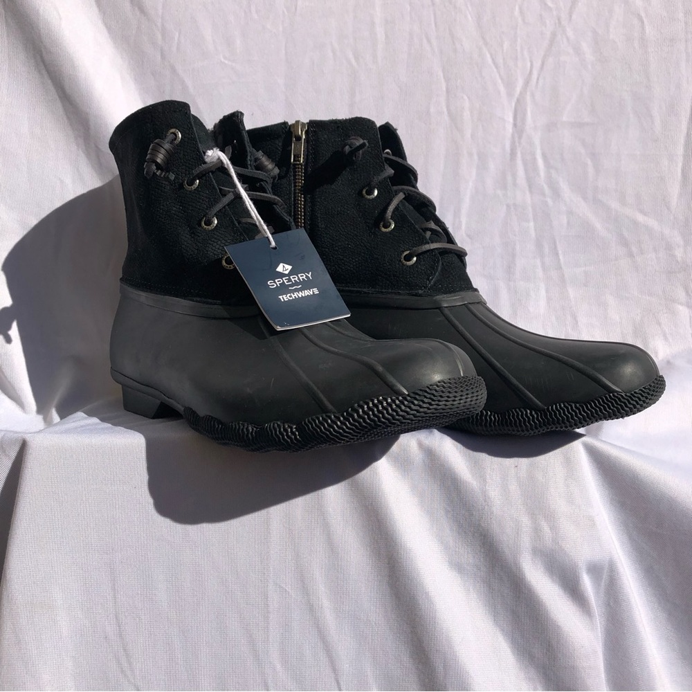 Sperry Syren Gulf Duck Waterproof Rubber Boots Womens Sz 12 Black Leather